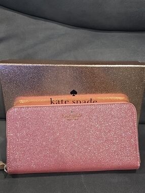kate spade Pink Glitter Zip Wallet with Gold Logo Large Continental Wallet NWOT